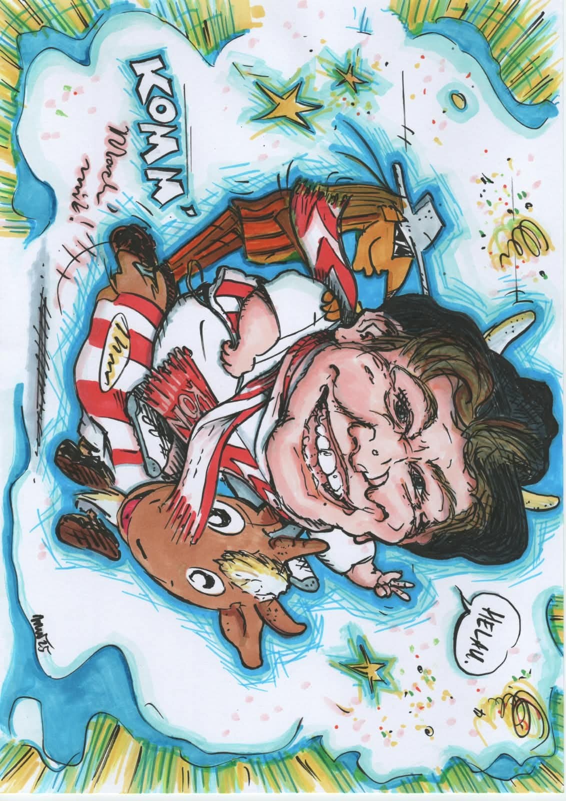 Farbige Karikatur: Fußballfan im rot-weißen Trikot